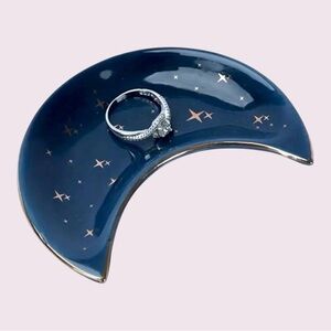 Midnight Blue Ceramic Moon-Shaped Jewelry Tray – Star Design Trinket Plate​​​
